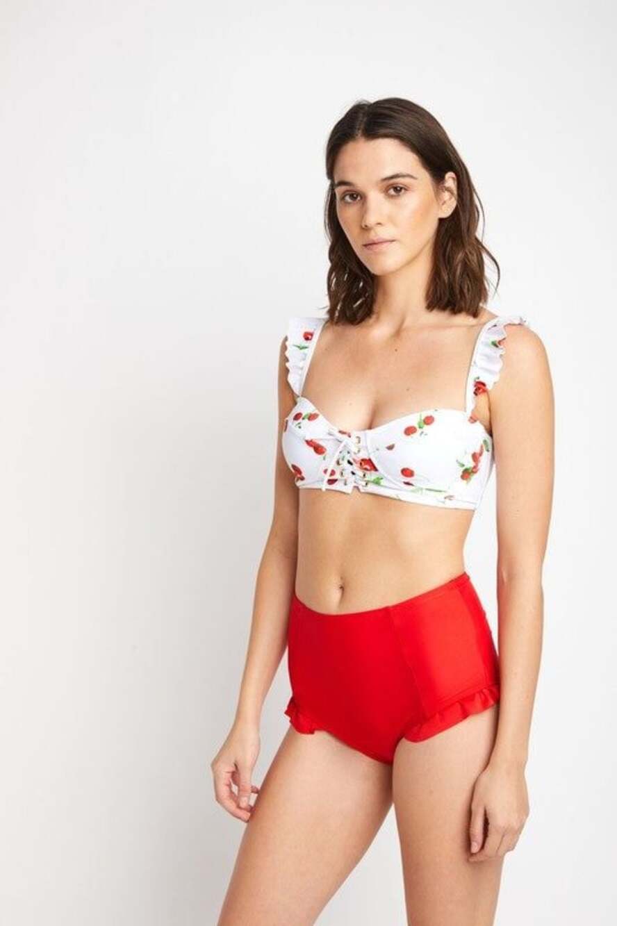 Marina West Swim Cherry Print Ruffle Shoulder Lace-Up Bikini Set, XXL